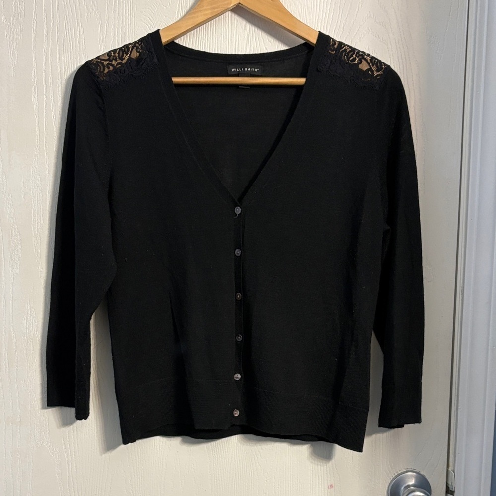 Willi Smith Black Cardigan with Lace Accents